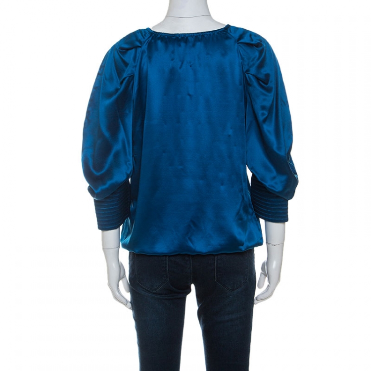 Pre Owned Yves Saint Laurent Blue Silk Quilted Cuff Detail Blouse M