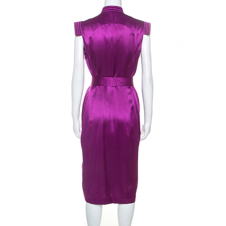 Pre Owned Yves Saint Laurent Purple Silk Mandarin Collar Belted Dress