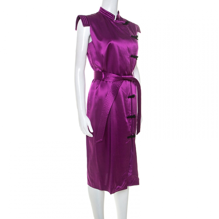 Pre Owned Yves Saint Laurent Purple Silk Mandarin Collar Belted Dress