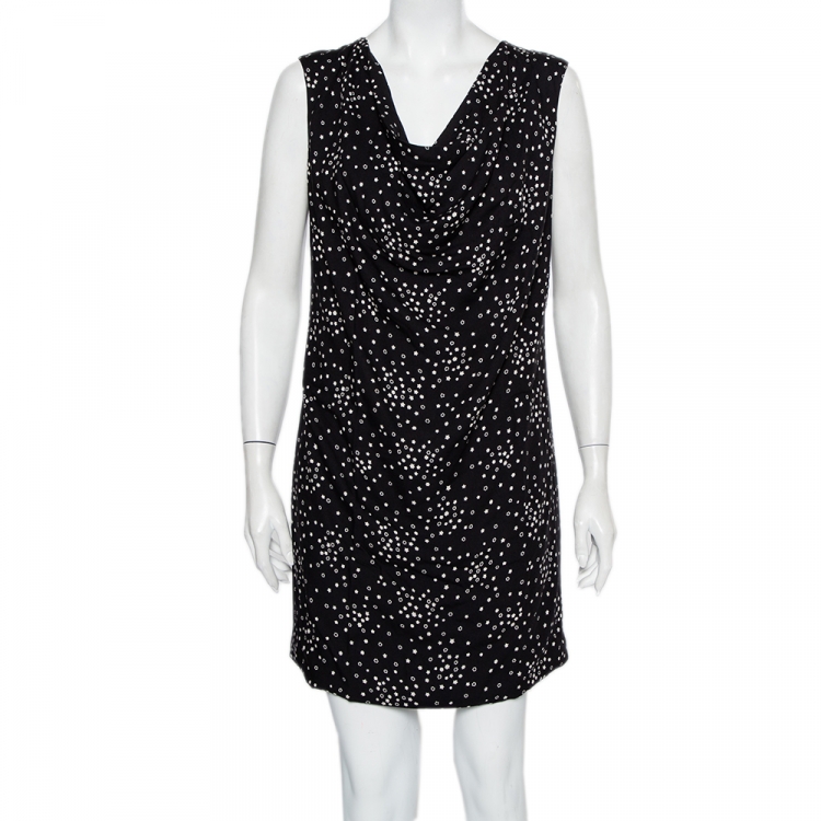 Pre Owned Saint Laurent Paris Black Star Printed Draped Neck Sleeveless Shift Dress M
