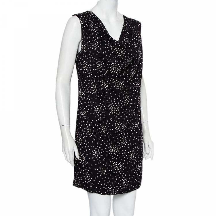 Pre Owned Saint Laurent Paris Black Star Printed Draped Neck Sleeveless Shift Dress M