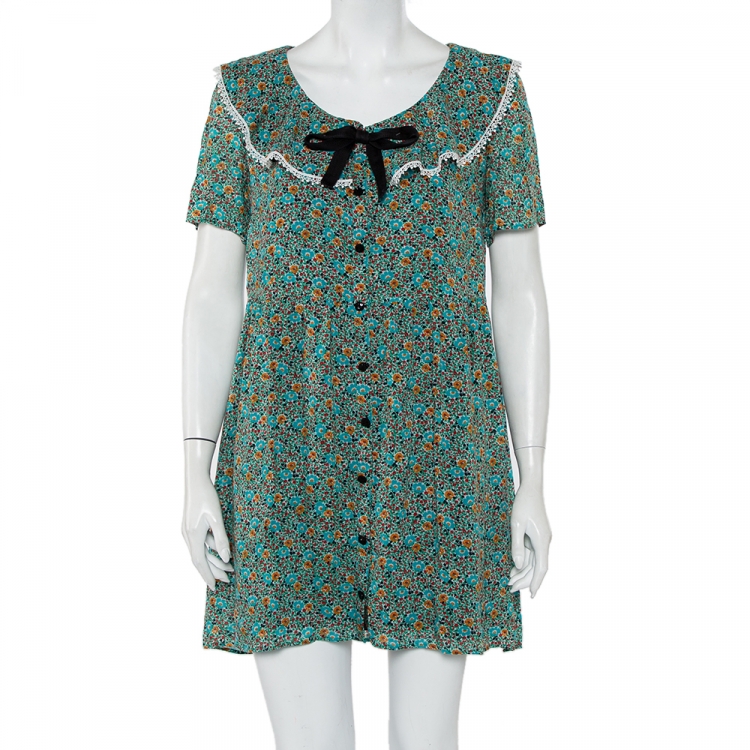 Pre Owned Saint Laurent Paris Green Floral Printed Button Front Mini Dress M