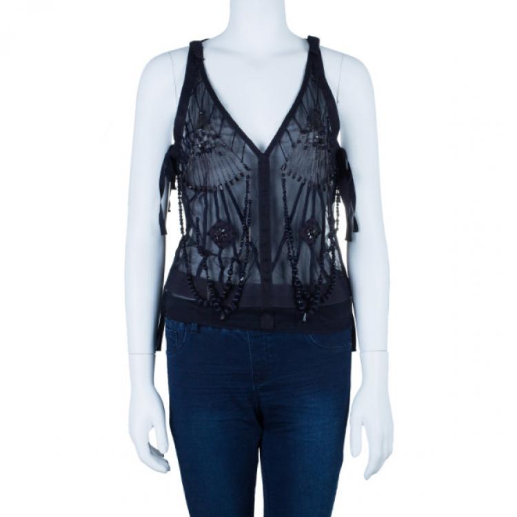 Pre Owned Saint Laurent Paris Soft Tulle Embellished Top M