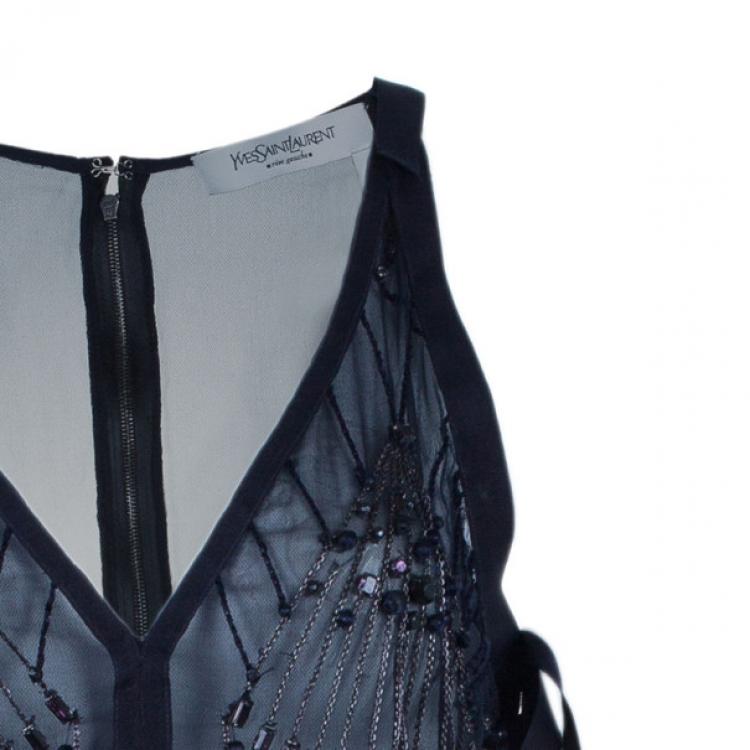 Pre Owned Saint Laurent Paris Soft Tulle Embellished Top M