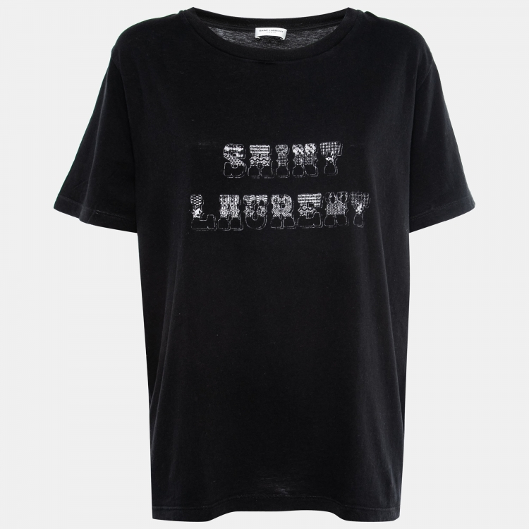 Pre Owned Saint Laurent Black Logo Print Cotton T-Shirt L