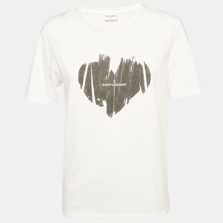 Pre Owned Saint Laurent White Heart Print Cotton T-Shirt XS