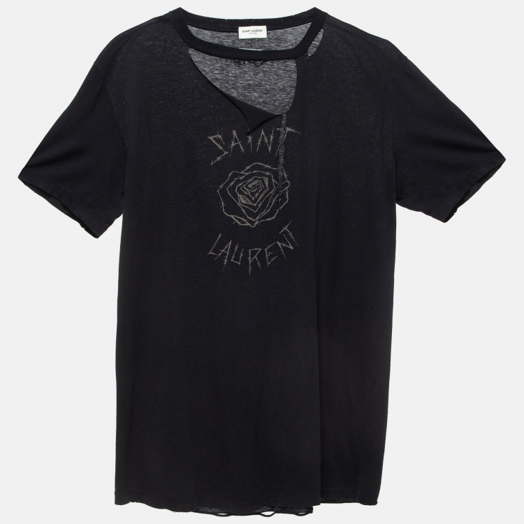 Pre Owned Saint Laurent Black Barbed Roses Cotton Ripped T-Shirt M