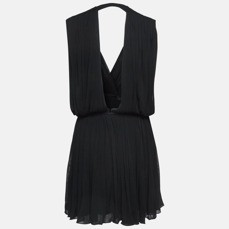 Pre Owned Saint Laurent Paris Black Draped Jersey Deep Neck Mini Dress L