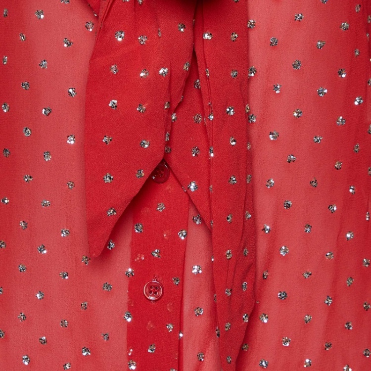 مملوكة مسبقًا Saint Laurent Paris Red Silk Glitter Embellished Blouse S