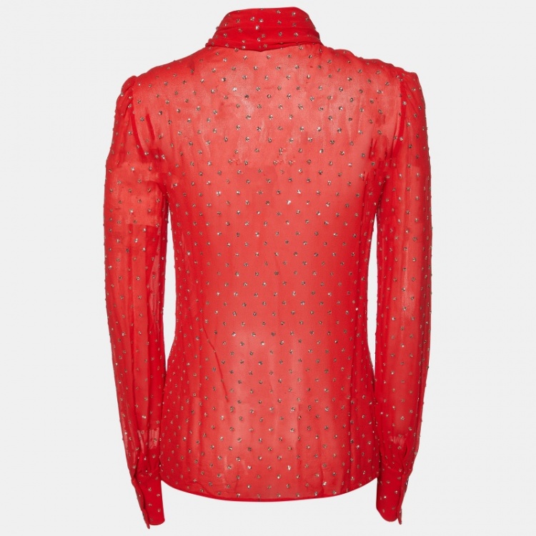 مملوكة مسبقًا Saint Laurent Paris Red Silk Glitter Embellished Blouse S