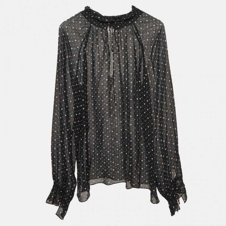 Pre Owned Saint Laurent Black Printed Crepe Top L