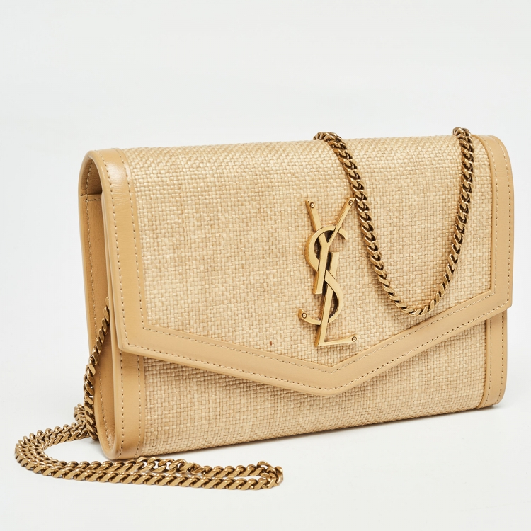 Pre Owned Saint Laurent Beige Raffia and Leather Uptown Wallet on Chain