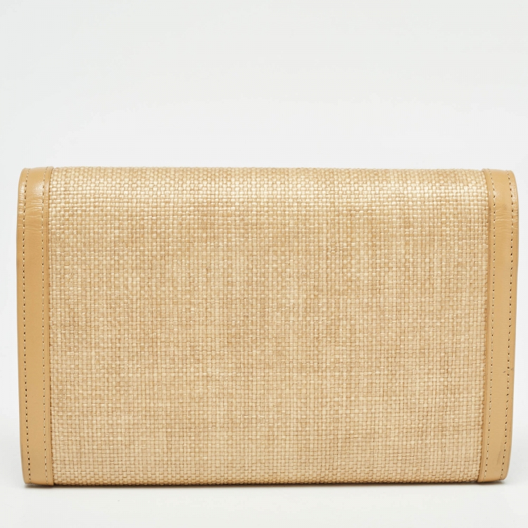 Pre Owned Saint Laurent Beige Raffia and Leather Uptown Wallet on Chain