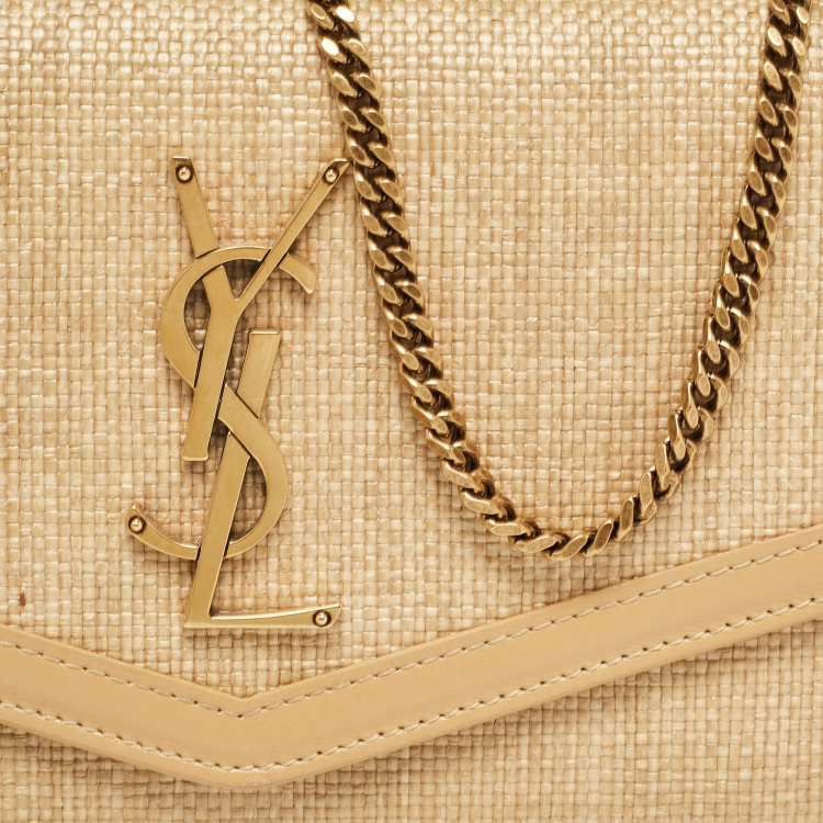Pre Owned Saint Laurent Beige Raffia and Leather Uptown Wallet on Chain