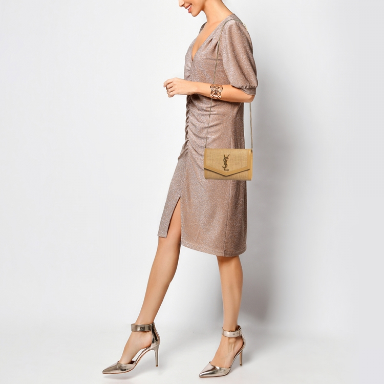 Pre Owned Saint Laurent Beige Raffia and Leather Uptown Wallet on Chain