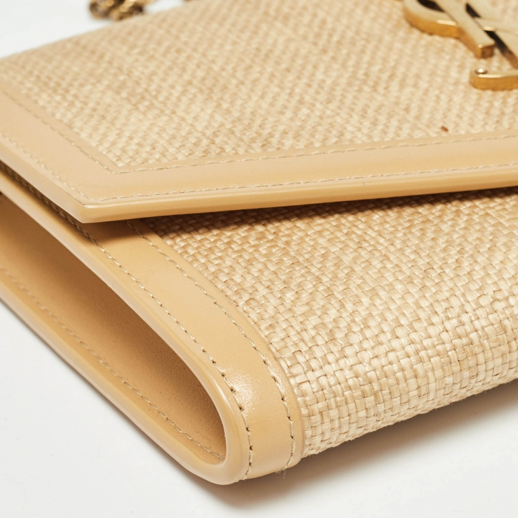 Pre Owned Saint Laurent Beige Raffia and Leather Uptown Wallet on Chain