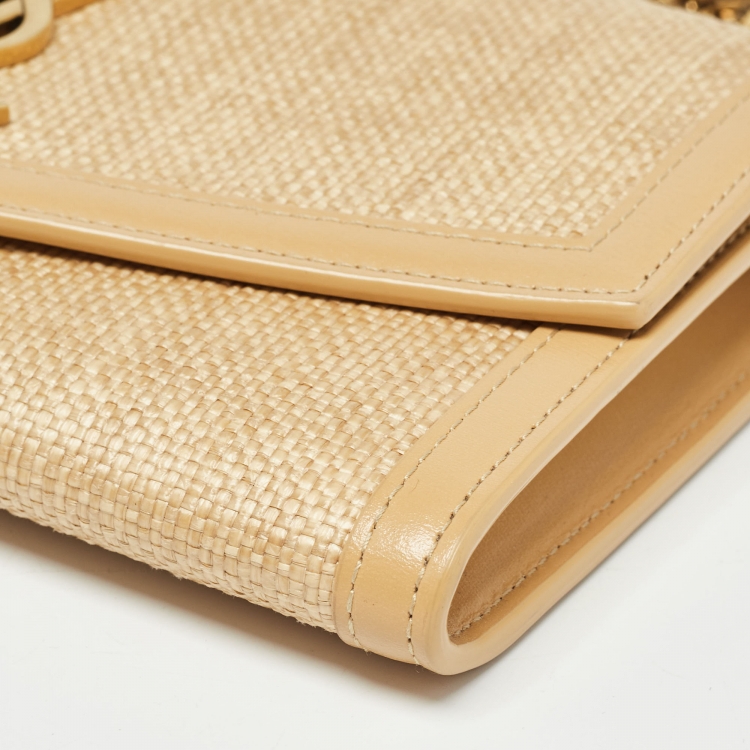 Pre Owned Saint Laurent Beige Raffia and Leather Uptown Wallet on Chain