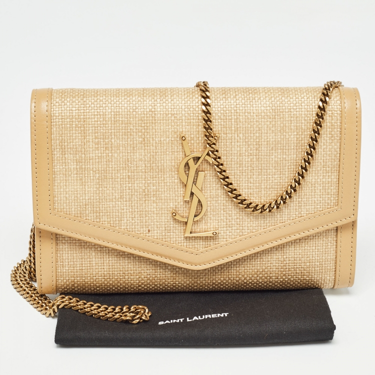 Pre Owned Saint Laurent Beige Raffia and Leather Uptown Wallet on Chain