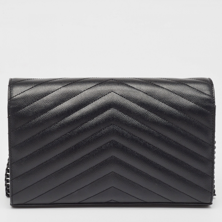 Pre Owned Saint Laurent Black Matelassé Leather Monogram Envelope Wallet On Chain