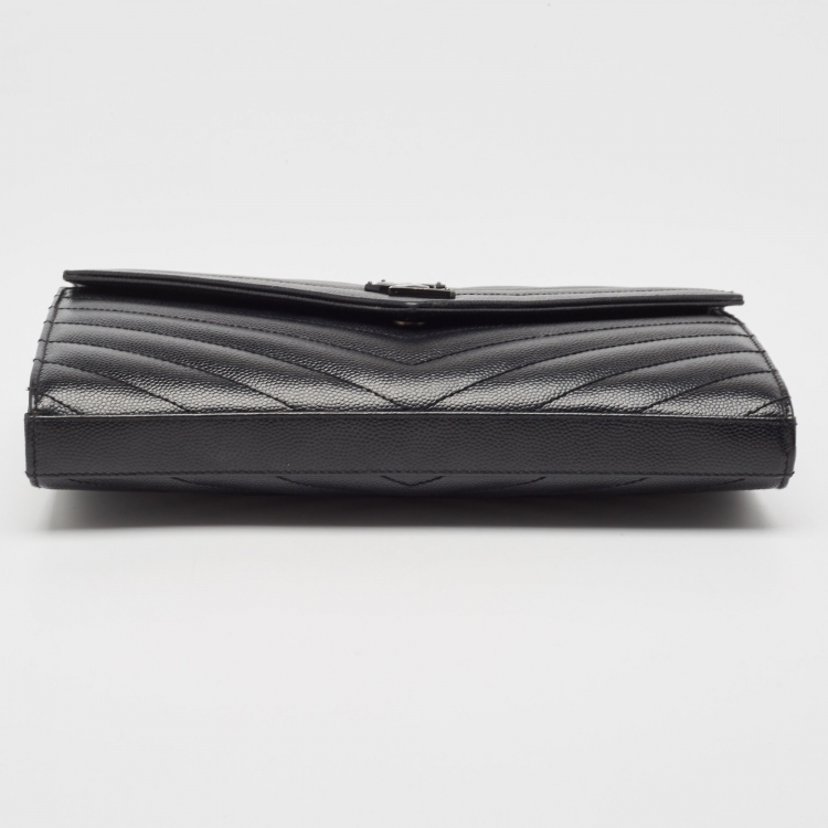 Pre Owned Saint Laurent Black Matelassé Leather Monogram Envelope Wallet On Chain