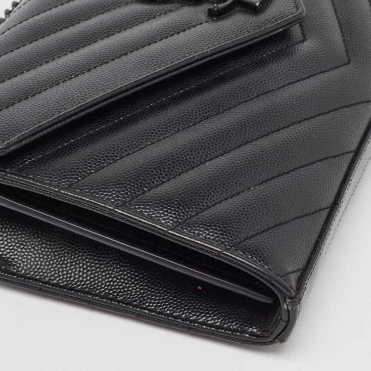 Pre Owned Saint Laurent Black Matelassé Leather Monogram Envelope Wallet On Chain