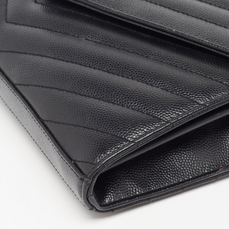 Pre Owned Saint Laurent Black Matelassé Leather Monogram Envelope Wallet On Chain