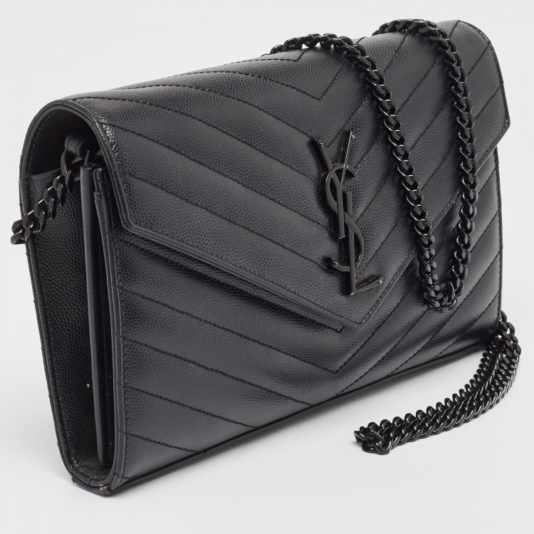 Pre Owned Saint Laurent Black Matelassé Leather Monogram Envelope Wallet On Chain