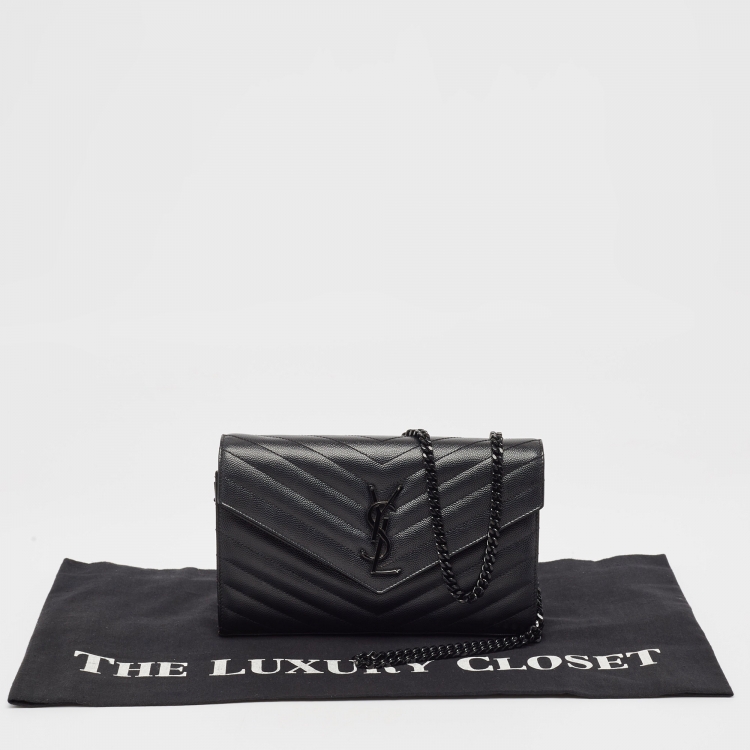 Pre Owned Saint Laurent Black Matelassé Leather Monogram Envelope Wallet On Chain