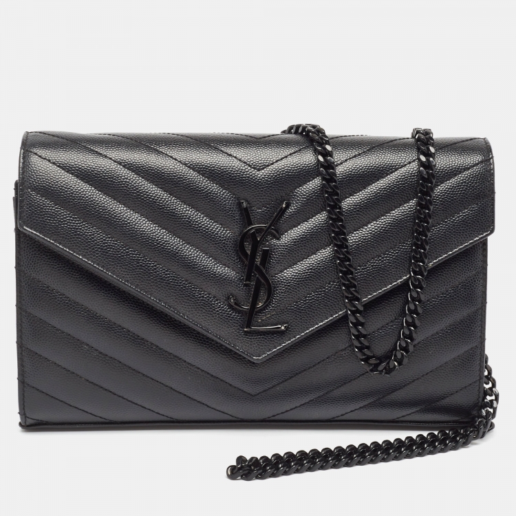 Pre Owned Saint Laurent Black Matelassé Leather Monogram Envelope Wallet On Chain