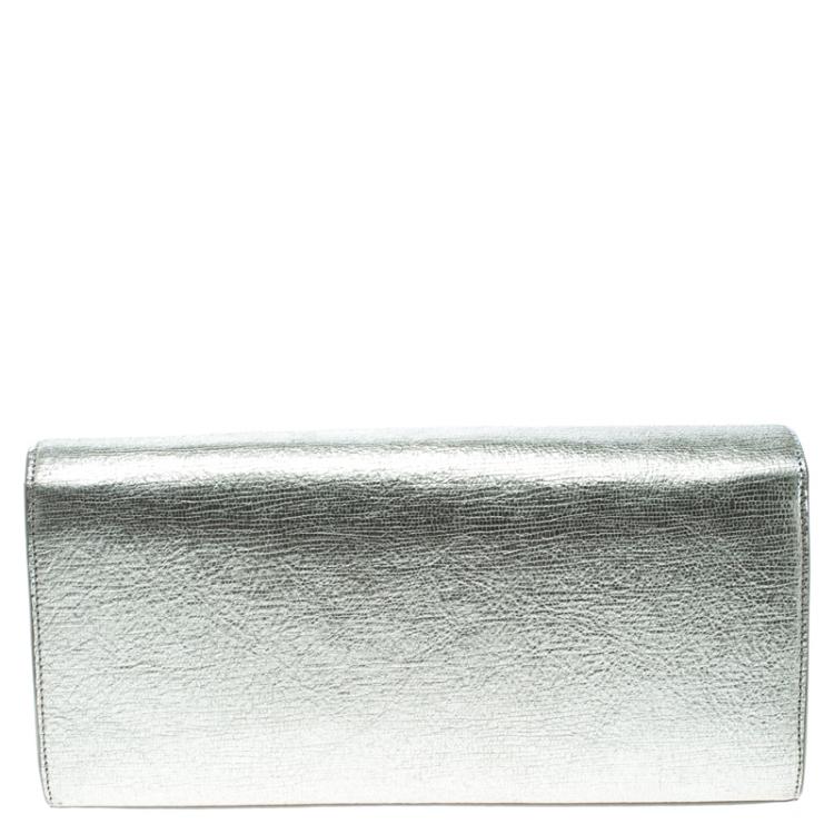 Pre Owned Saint Laurent Paris Silver Leather Monogram Cassandre Clutch
