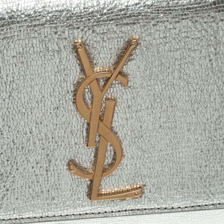 Pre Owned Saint Laurent Paris Silver Leather Monogram Cassandre Clutch