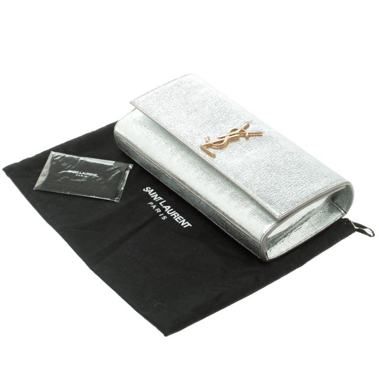 Pre Owned Saint Laurent Paris Silver Leather Monogram Cassandre Clutch