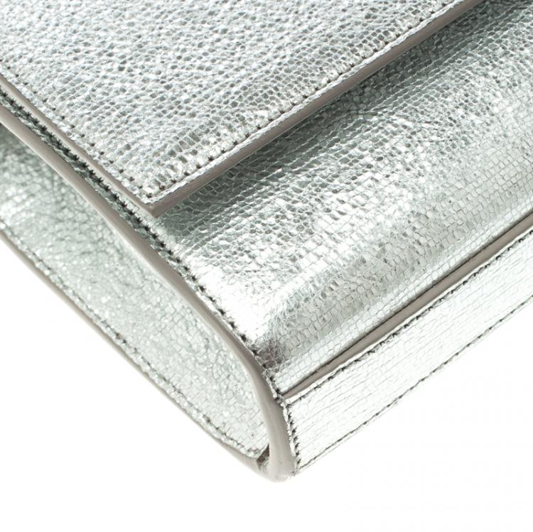 Pre Owned Saint Laurent Paris Silver Leather Monogram Cassandre Clutch