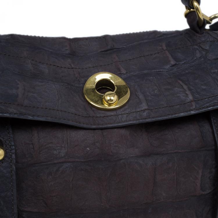 Pre Owned Saint Laurent Paris Brown Crocodile Embossed Muse Two