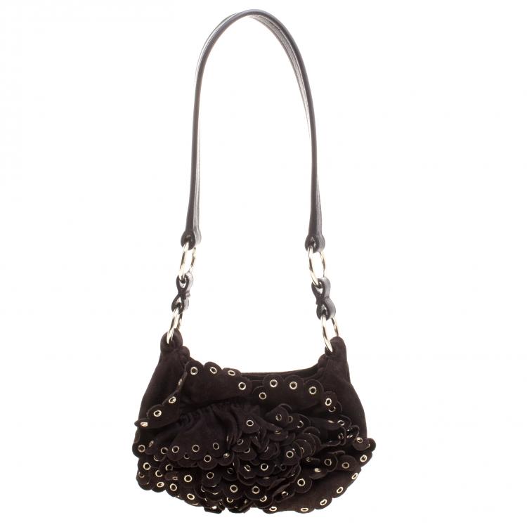 Pre Owned Yves Saint Laurent Dark Brown Suede Eyelet Shoulder Bag