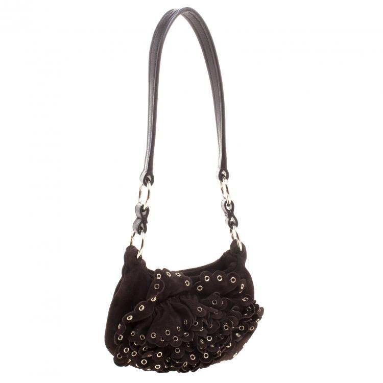 Pre Owned Yves Saint Laurent Dark Brown Suede Eyelet Shoulder Bag