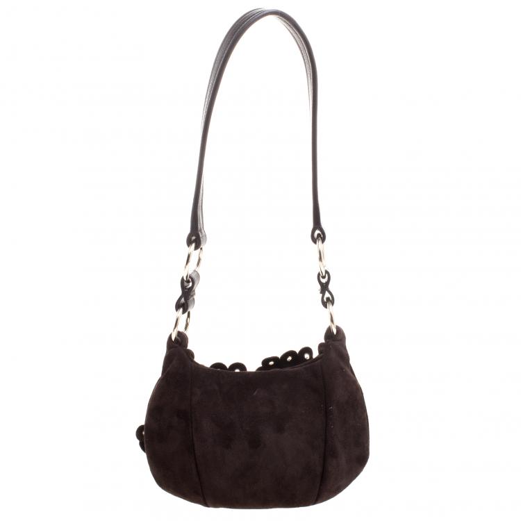Pre Owned Yves Saint Laurent Dark Brown Suede Eyelet Shoulder Bag