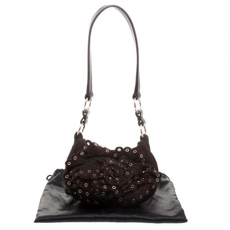 Pre Owned Yves Saint Laurent Dark Brown Suede Eyelet Shoulder Bag