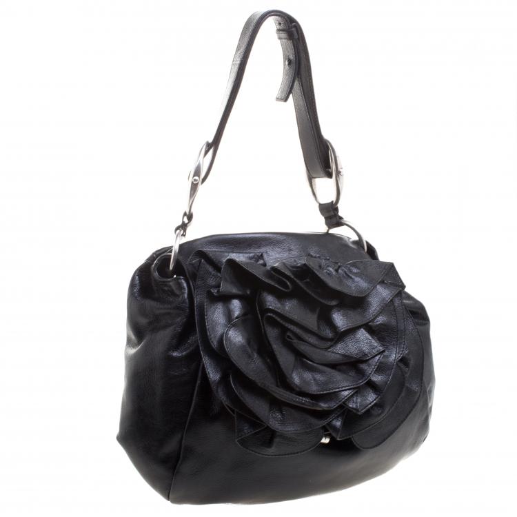 Pre Owned Saint Laurent Paris Black Leather Nadja Rose Petal Hobo