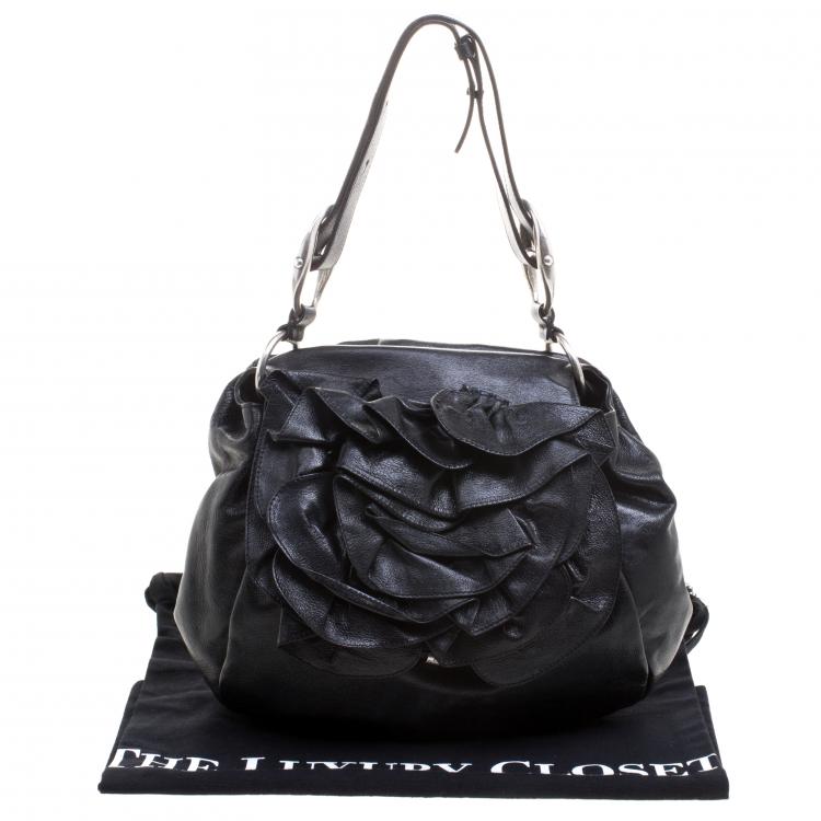 Pre Owned Saint Laurent Paris Black Leather Nadja Rose Petal Hobo