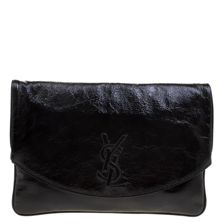 Pre Owned Saint Laurent Paris Black Patent Leather Foldover Clutch