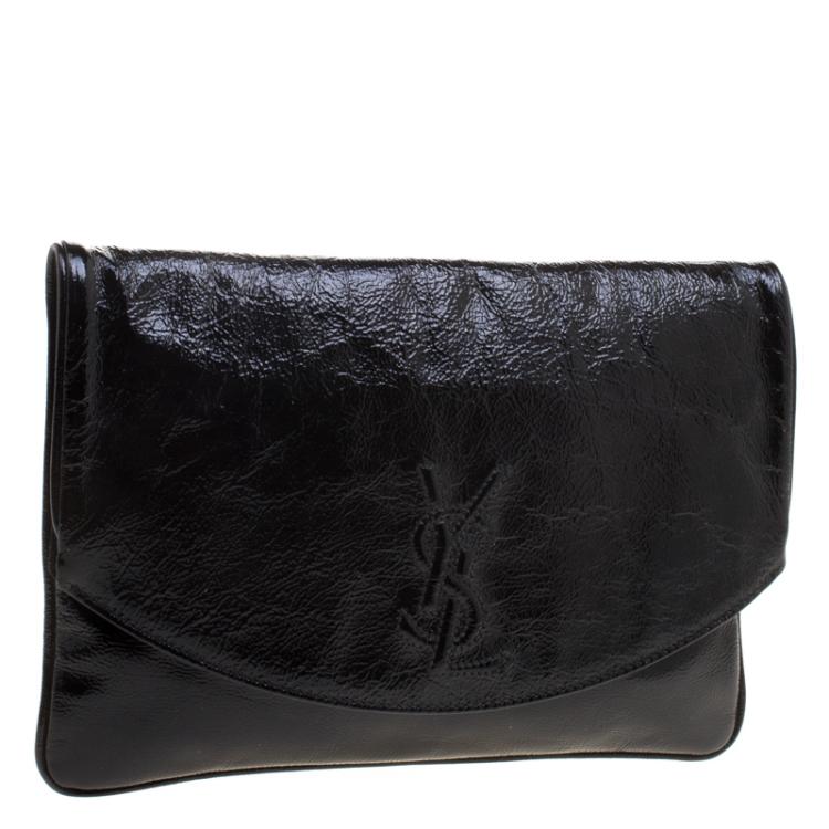 Pre Owned Saint Laurent Paris Black Patent Leather Foldover Clutch