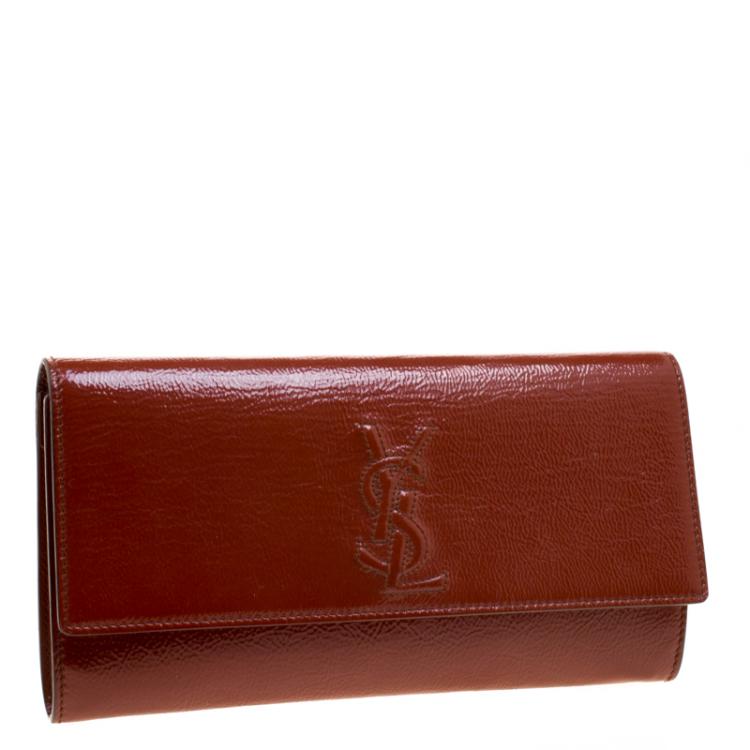 Pre Owned Saint Laurent Paris Brown Patent Leather Small Belle De Jour Flap Clutch