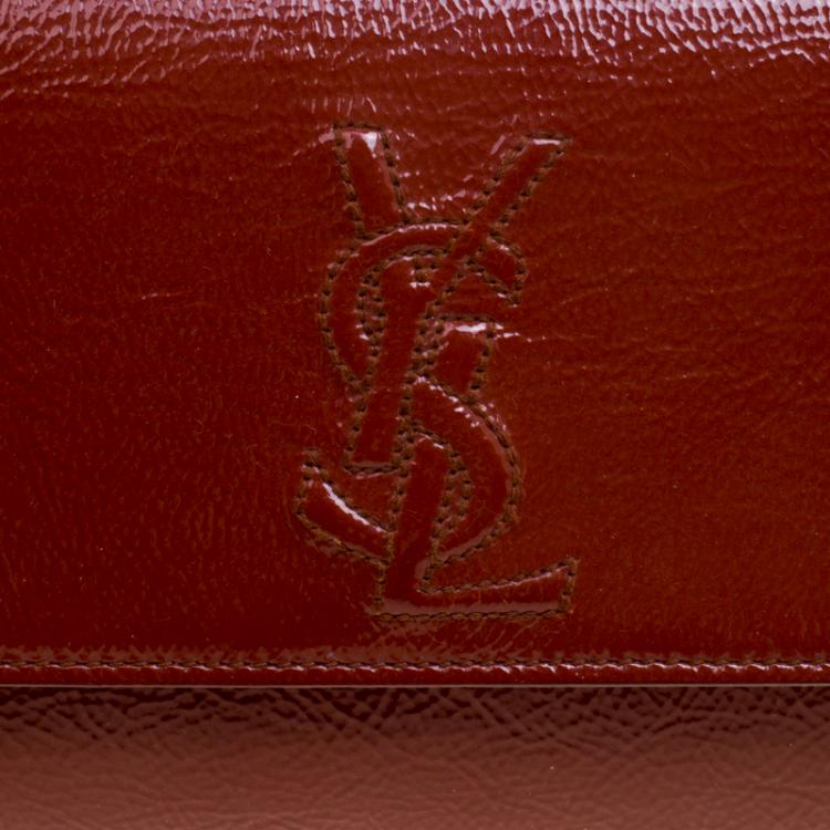 Pre Owned Saint Laurent Paris Brown Patent Leather Small Belle De Jour Flap Clutch