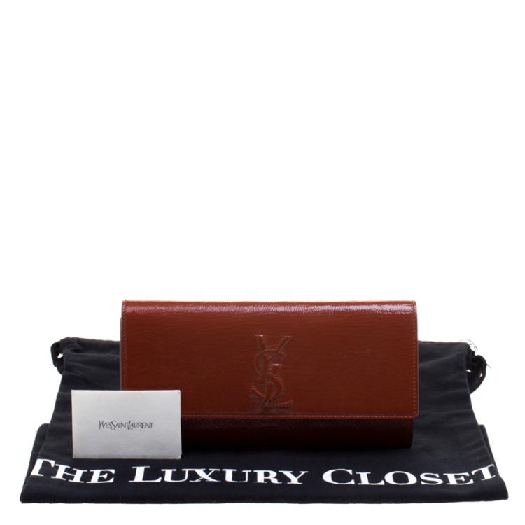 Pre Owned Saint Laurent Paris Brown Patent Leather Small Belle De Jour Flap Clutch