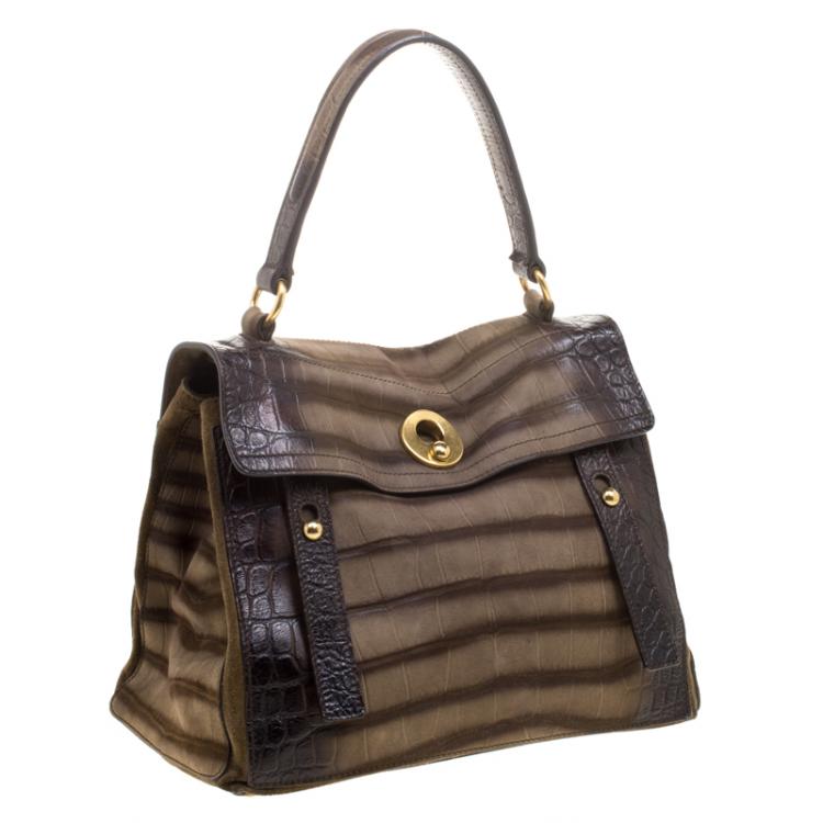 Pre Owned Saint Laurent Paris Brown Croc Embossed Leather Medium Muse Two Satchel