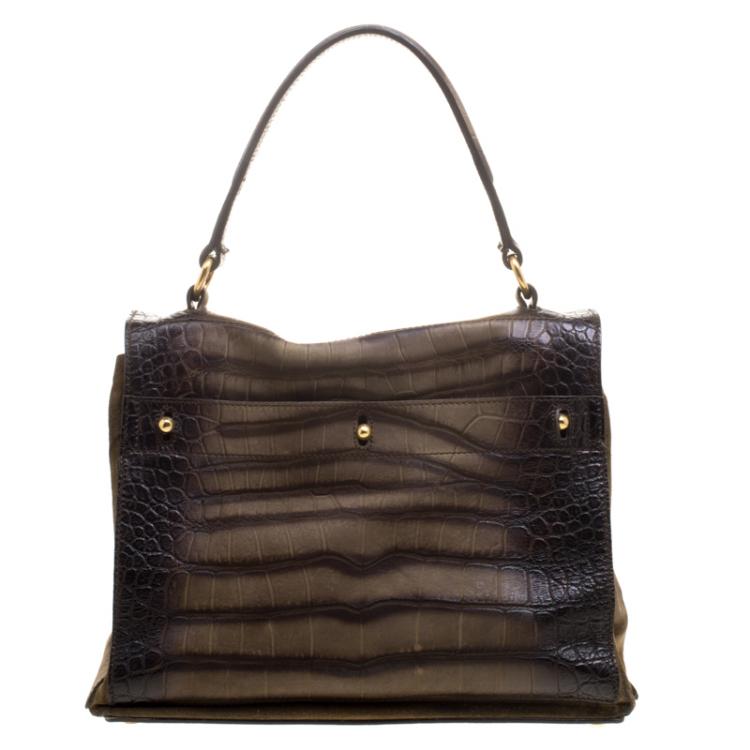 Pre Owned Saint Laurent Paris Brown Croc Embossed Leather Medium Muse Two Satchel