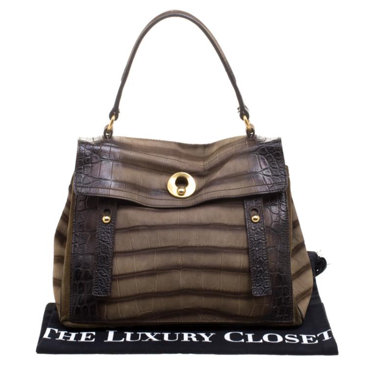 Pre Owned Saint Laurent Paris Brown Croc Embossed Leather Medium Muse Two Satchel