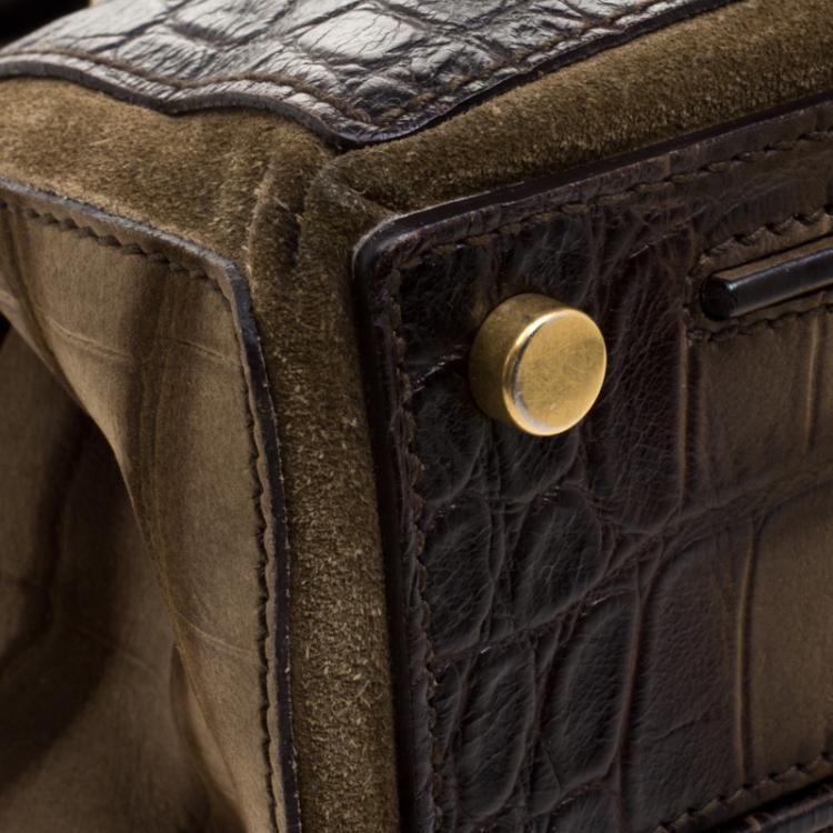 Pre Owned Saint Laurent Paris Brown Croc Embossed Leather Medium Muse Two Satchel
