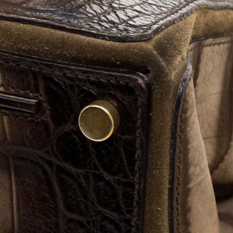 Pre Owned Saint Laurent Paris Brown Croc Embossed Leather Medium Muse Two Satchel